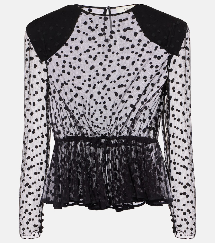 Chloé Polka-dot Peplum Cotton-blend Tulle Top In Black