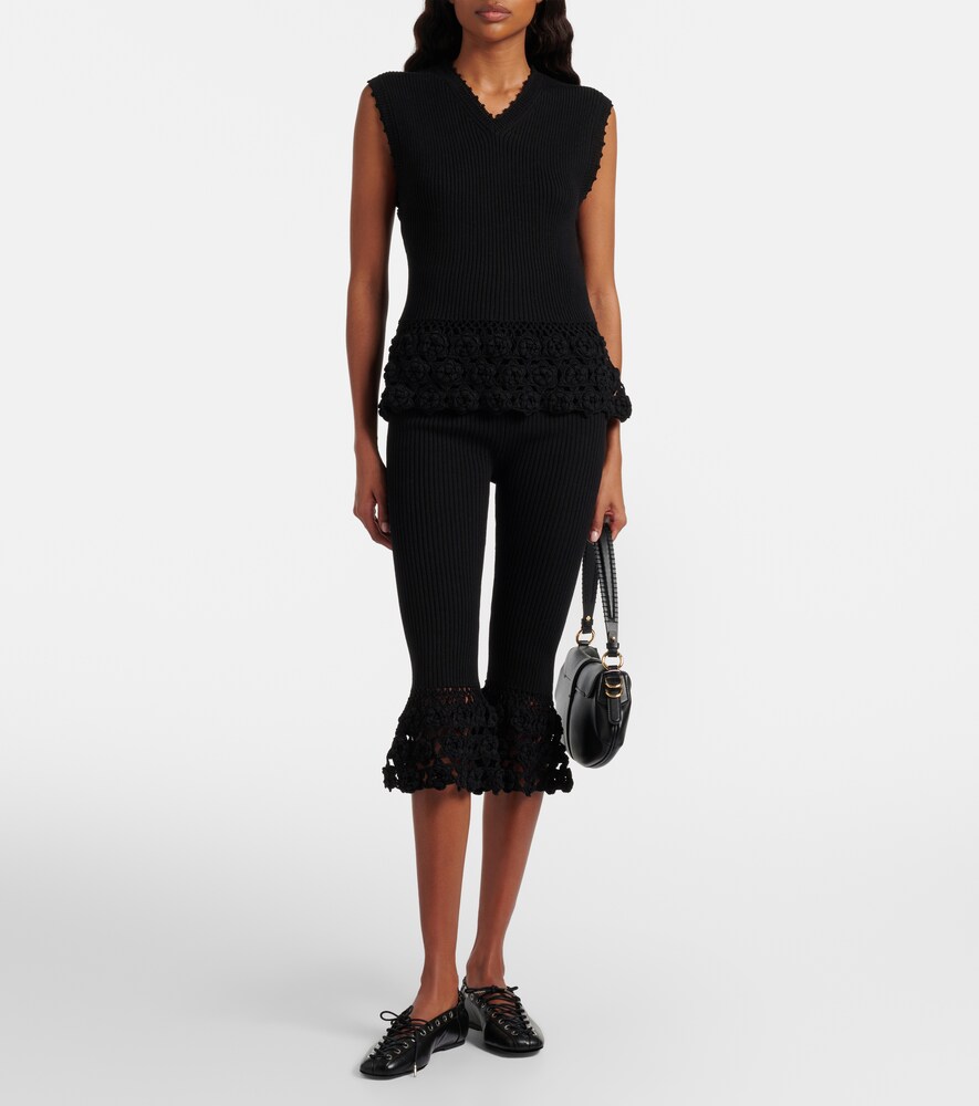Ganni Crochet-trimmed ribbed cotton-blend capri pants