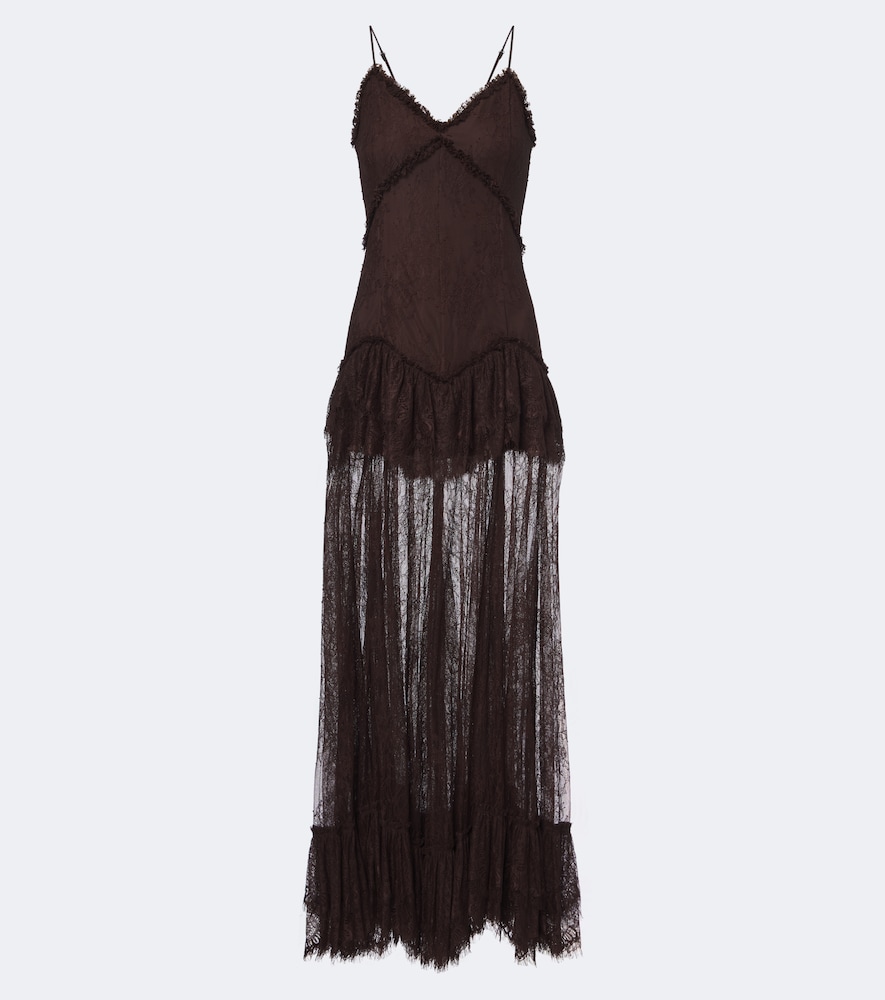 De La Vali Kala Tiered Ruffled Lace Midi Dress In Brown