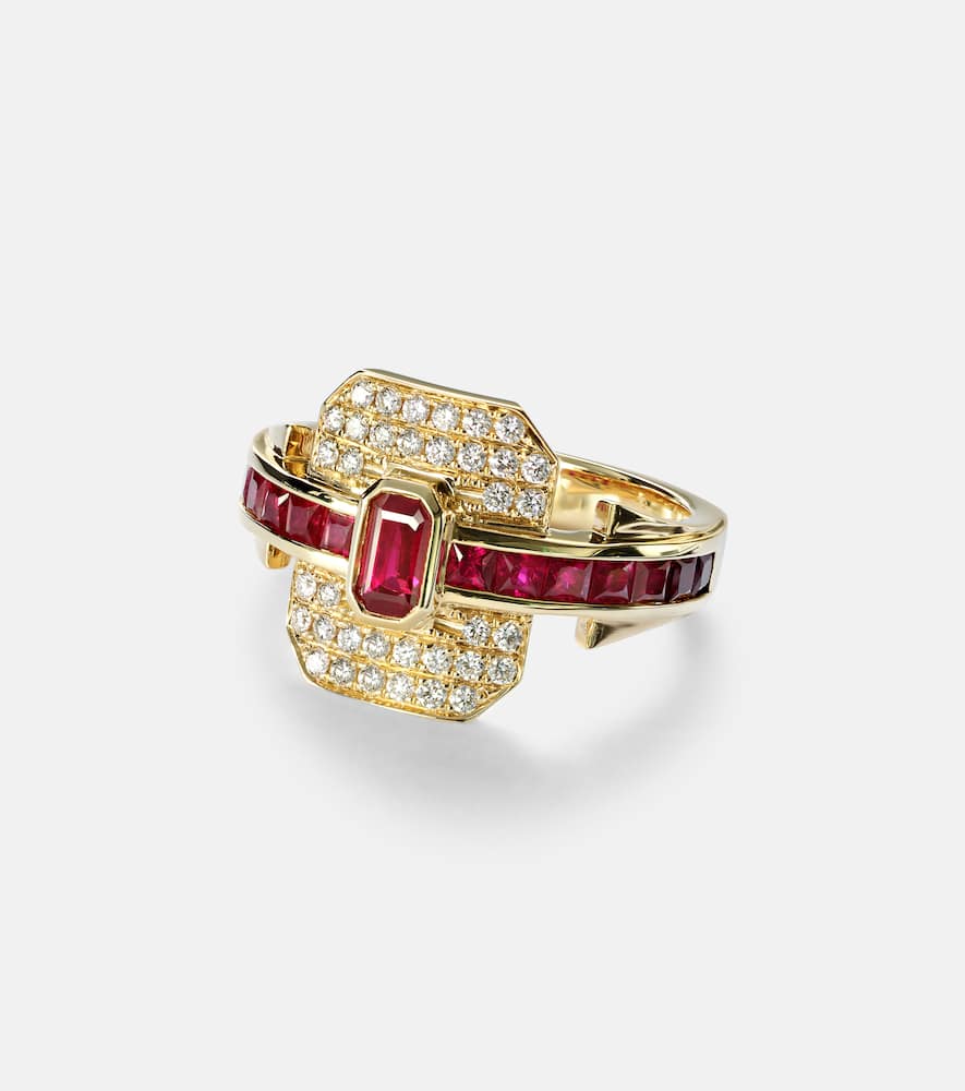 Rainbow K Shield 18kt gold ring with diamonds and rubies