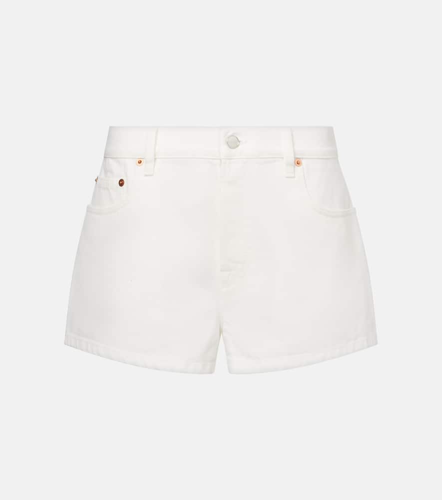 Leather-trimmed denim shorts