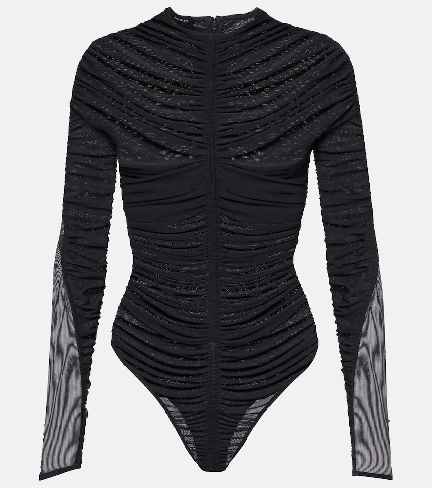 Mugler Gathered Semi-sheer Bodysuit In Black