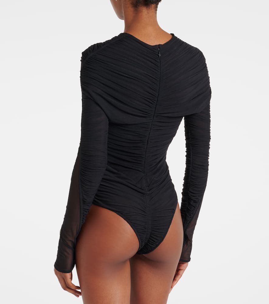 Mugler Gathered Semi-sheer Bodysuit In Black