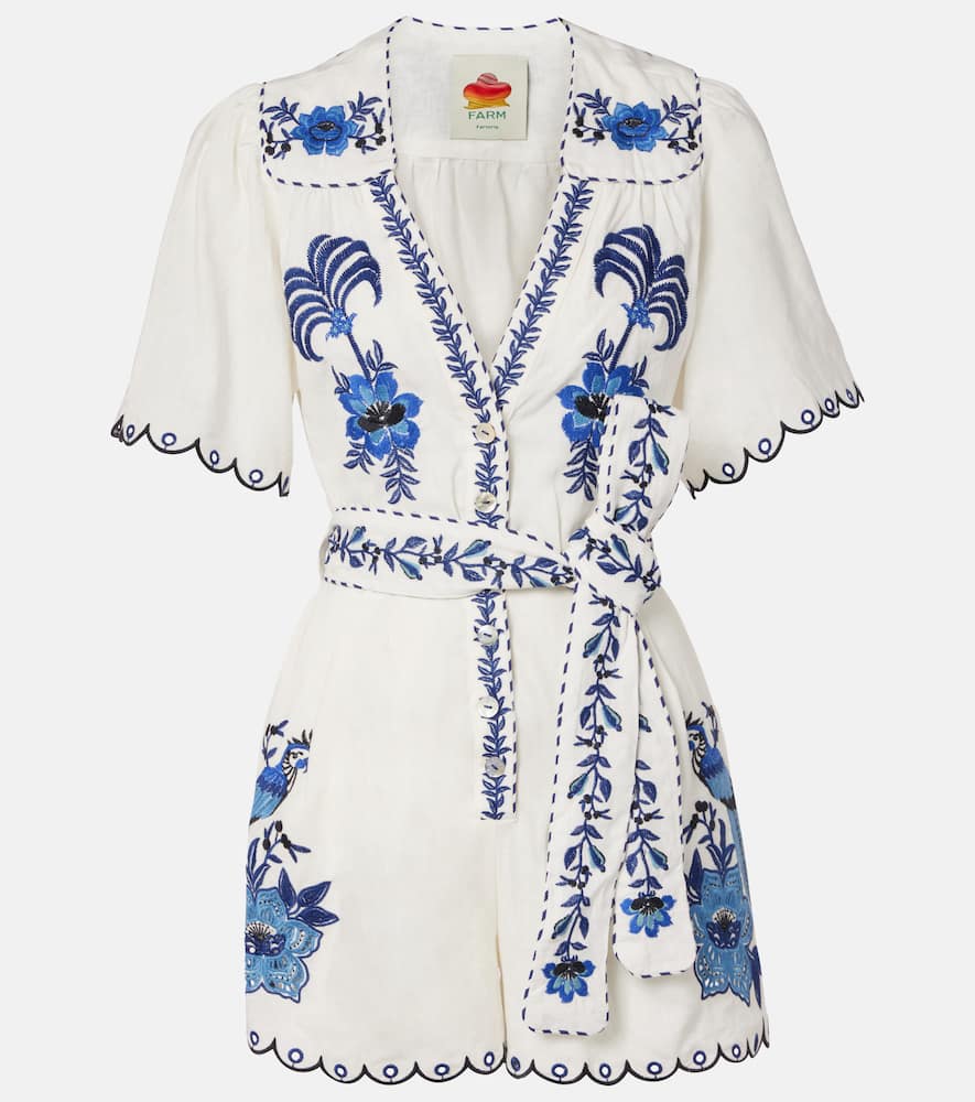 Embroidered linen-blend romper