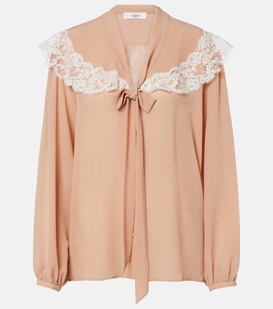 Chloe Women's Pink Lace-Trimmed Tie-Neck Silk Blouse UK Size 18 - Mytheresa