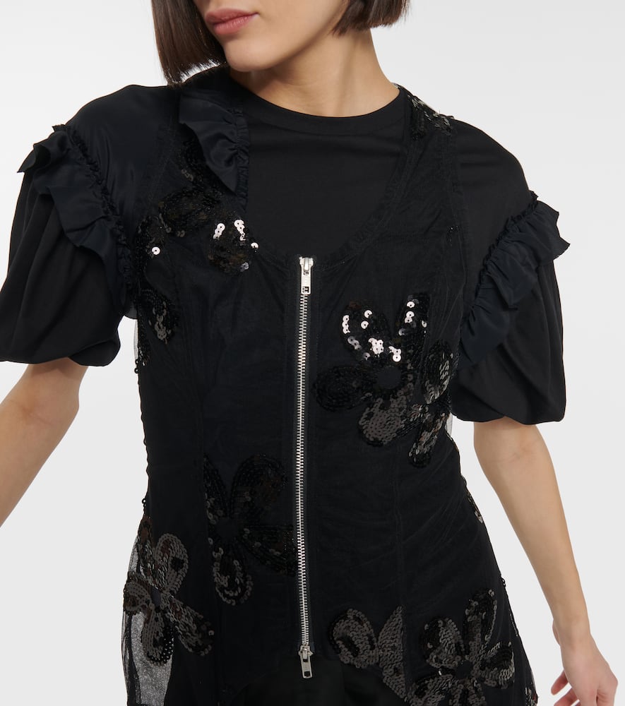 Simone Rocha Sequined Zip-up Tulle Top In Black Black