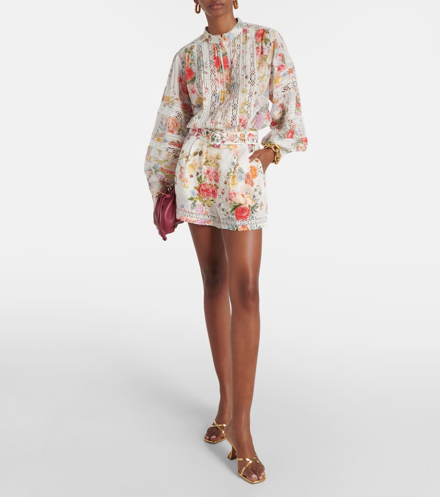 Shop Camilla Sew Yesterday Floral Lace-trimmed Linen Shorts In Multicoloured