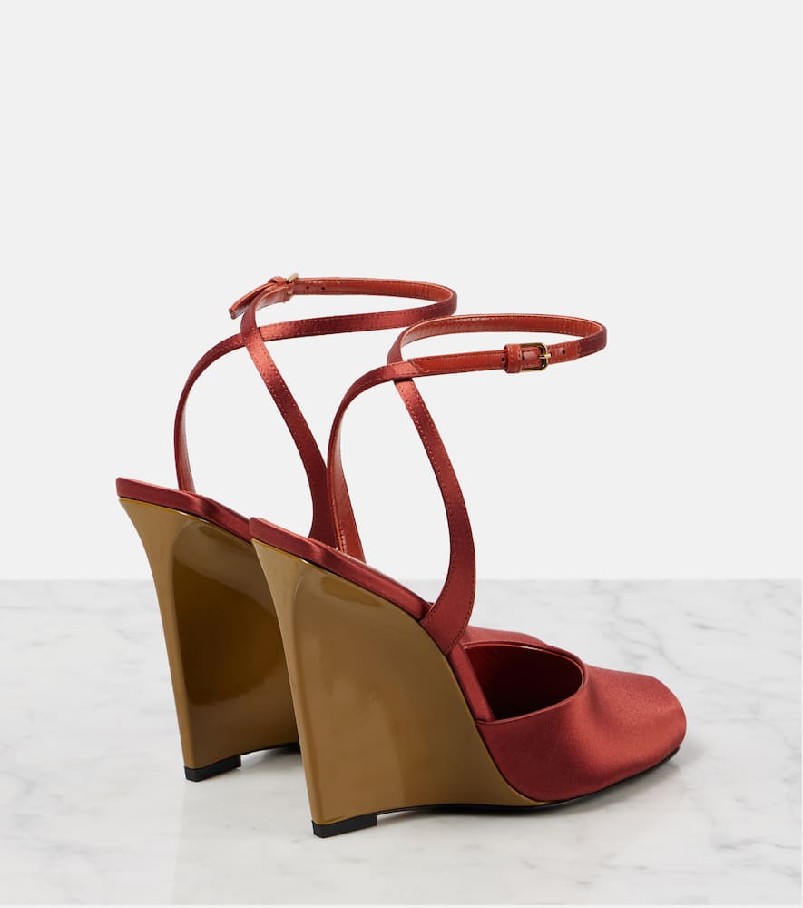 Saint Laurent Le Scandale 110 Satin Wedge Sandals In Dark Rust / Oil Green