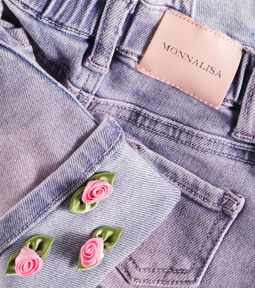 MONNALISA BABY FLORAL-APPLIQUÉ DENIM OVERALLS