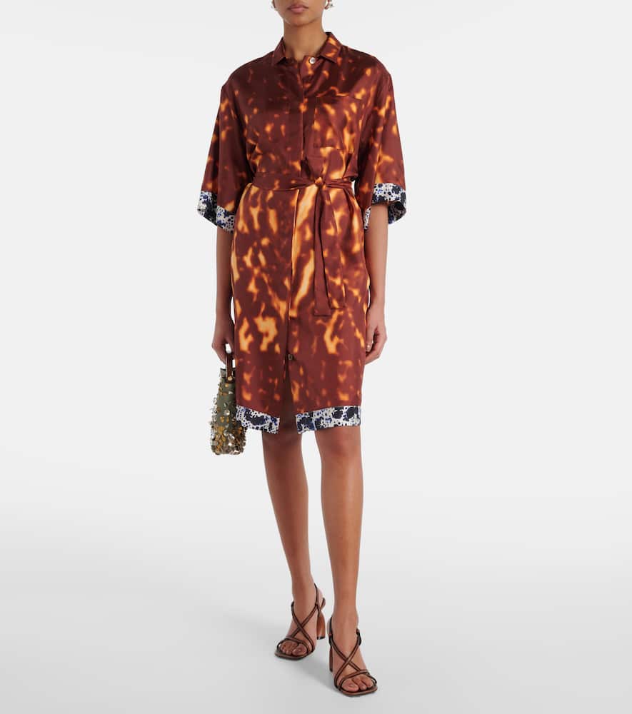 Dries Van Noten Doralia Short-sleeve Belted Silk Shirtdress In Brown