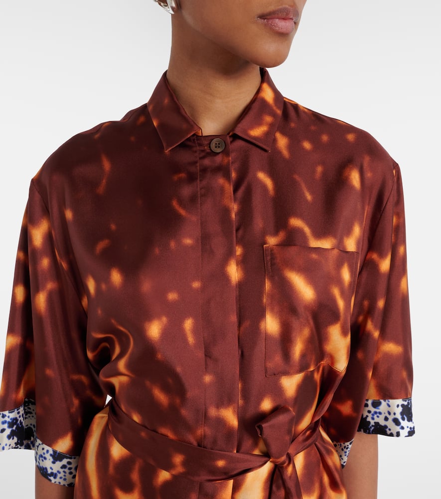Dries Van Noten Doralia Short-sleeve Belted Silk Shirtdress In Brown