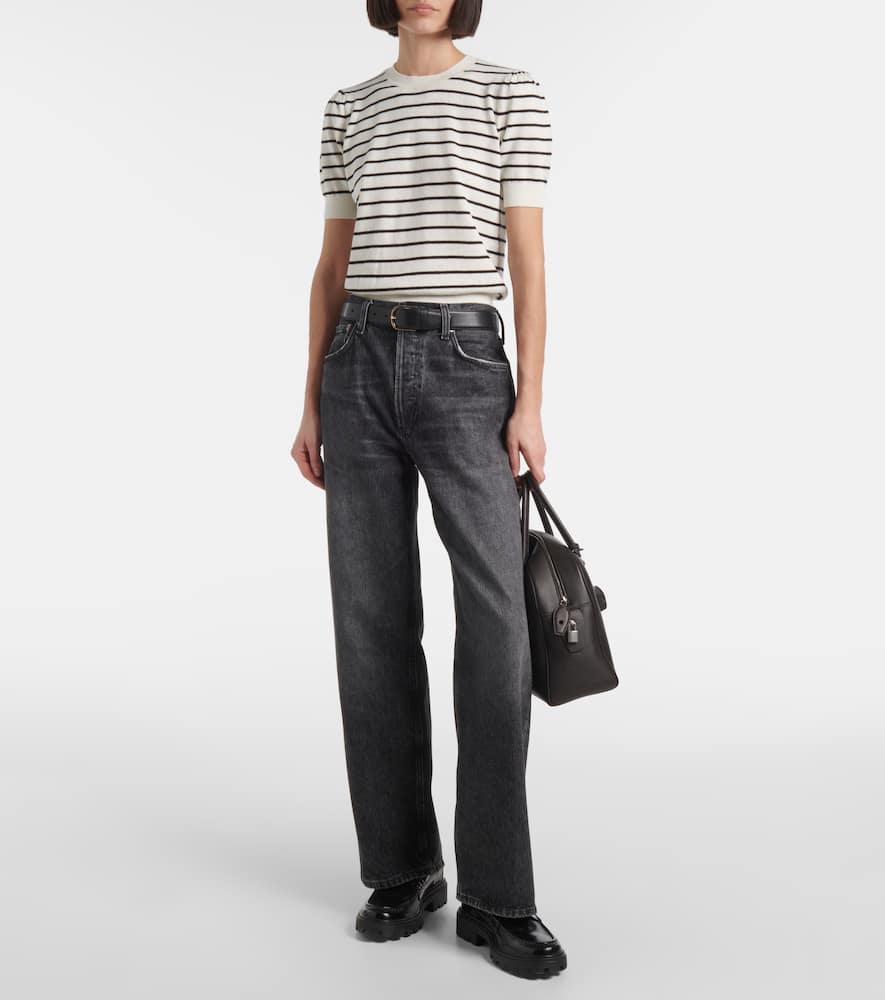 Frame Gathered Sleeve Top In Midnight Slate Multi In Beige