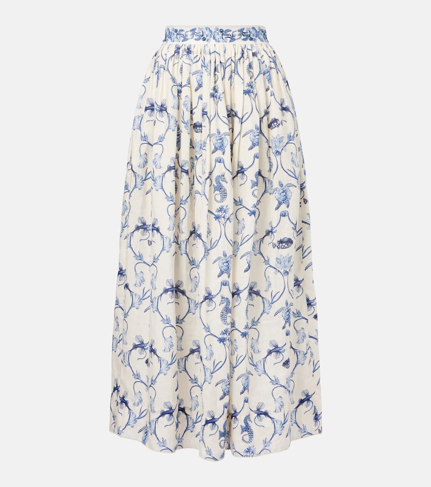 Printed high-rise linen maxi skirt