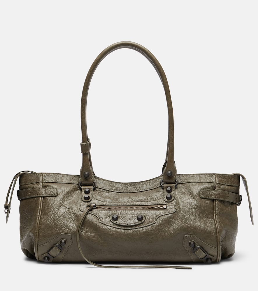Balenciaga Leather Shoulder Bag With Buckle And Double Handles In Green