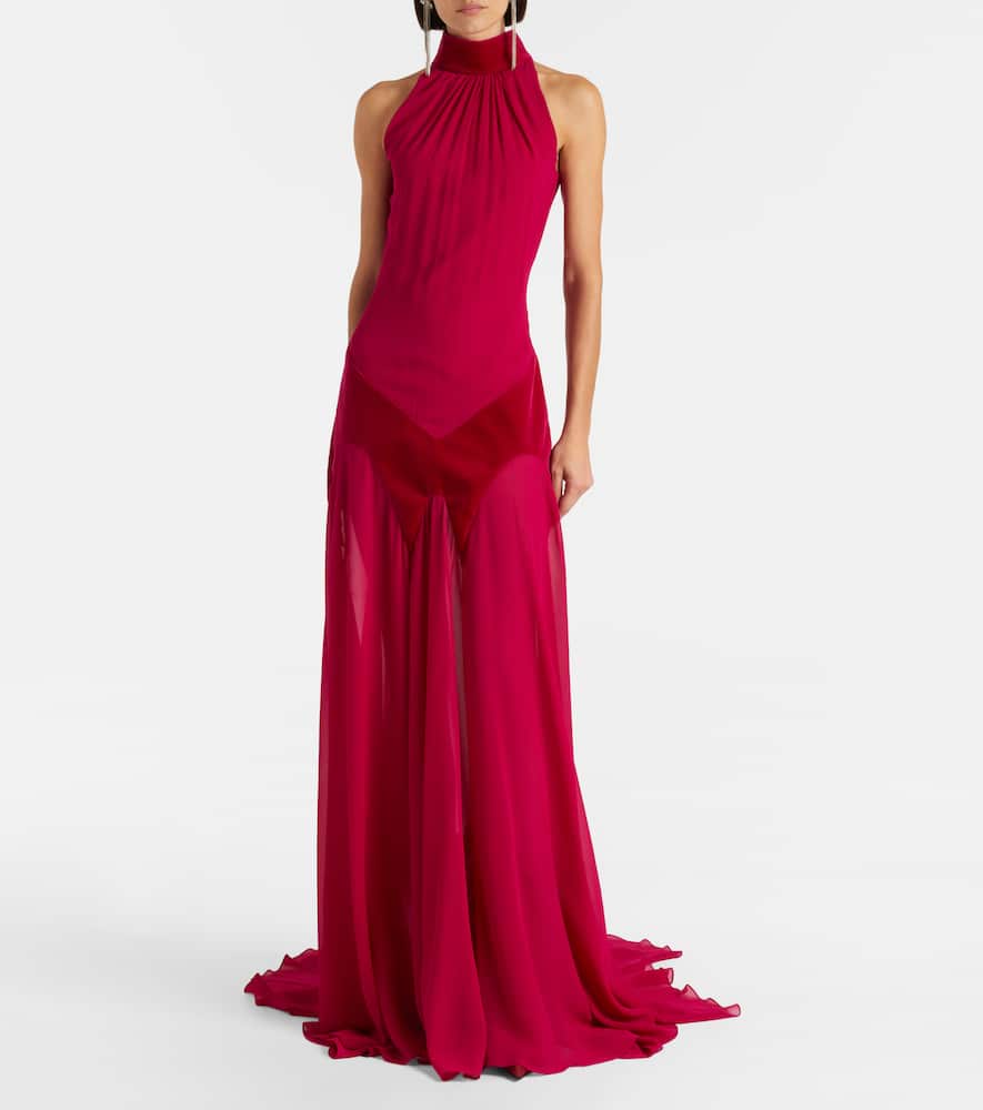 Alexander Mcqueen Velvet-trimmed Silk Georgette Gown In Red