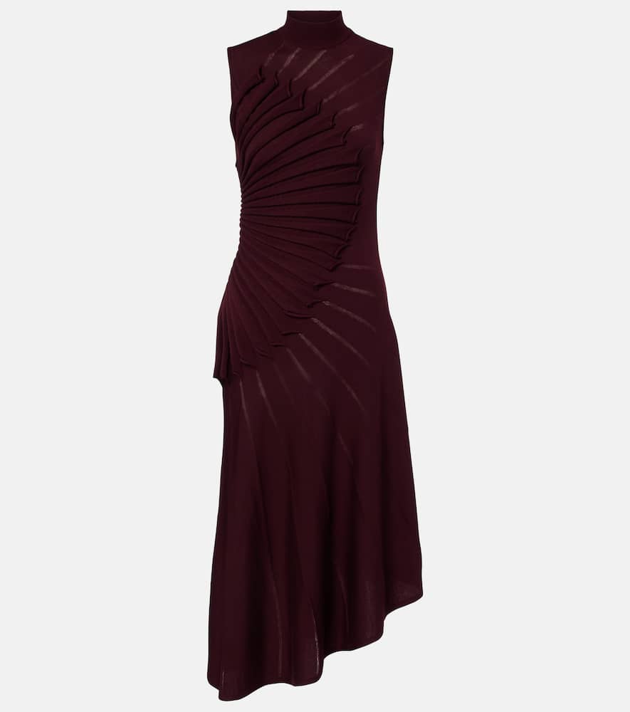 Alaïa Asymmetric Pleated Wool Midi Dress In Burgundy