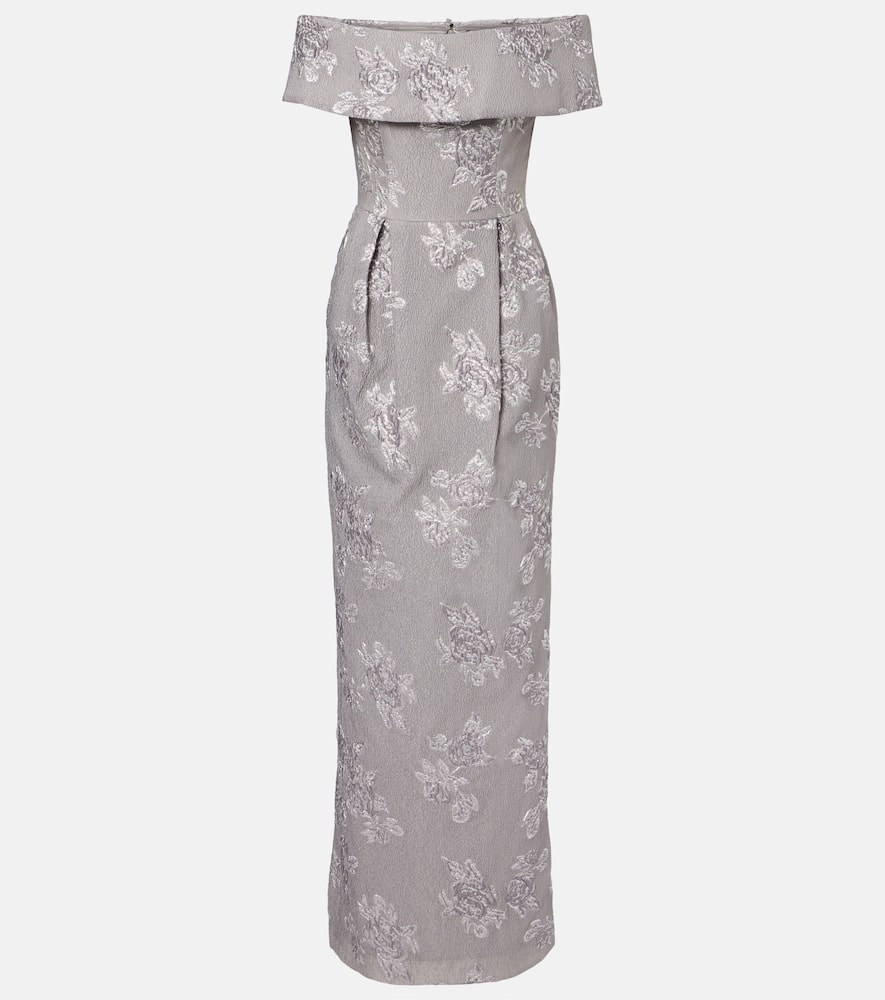 Rebecca Vallance Ruth Off-shoulder Brocade Bustier Gown In Silver