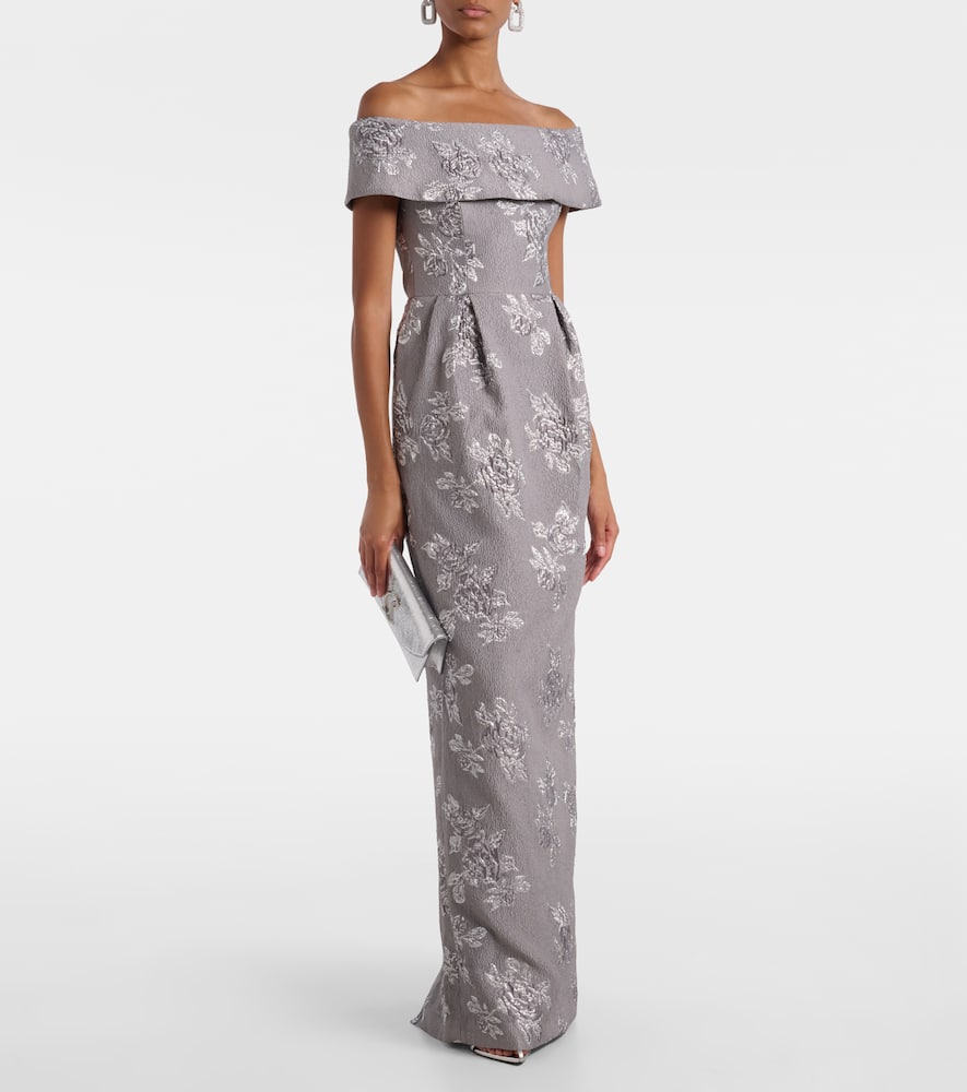 Rebecca Vallance Ruth Off-shoulder Brocade Bustier Gown In Silver