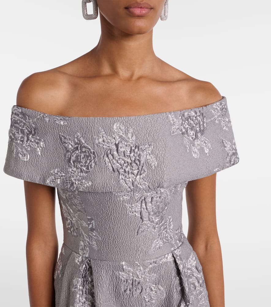 Rebecca Vallance Ruth Off-shoulder Brocade Bustier Gown In Silver
