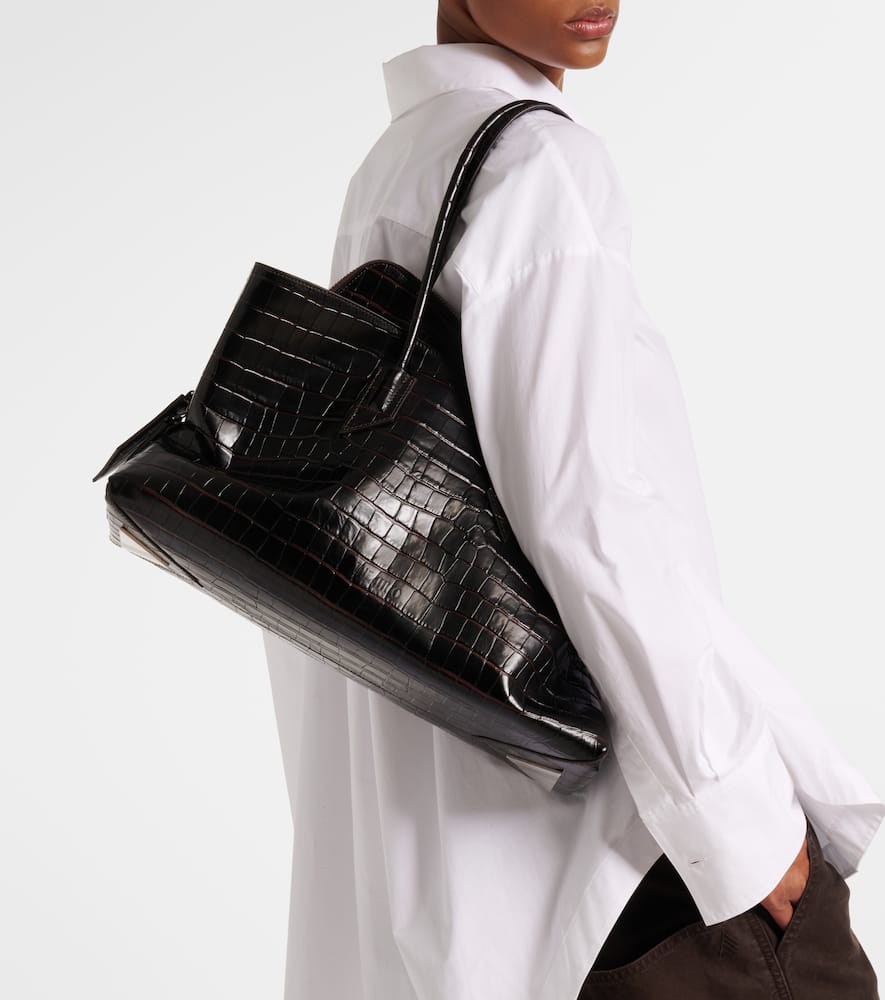 Attico La Passegiata Medium Asymmetric Croc-effect Leather Tote In Brown