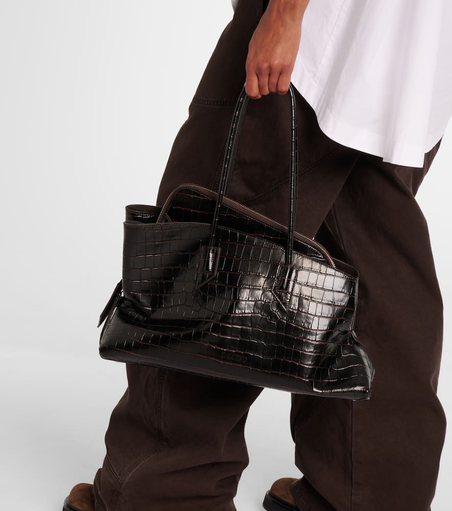 Attico La Passegiata Medium Asymmetric Croc-effect Leather Tote In Brown