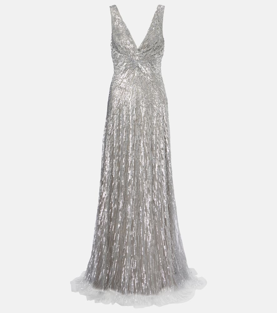 Monique Lhuillier Sequined Tulle Gown In Gray