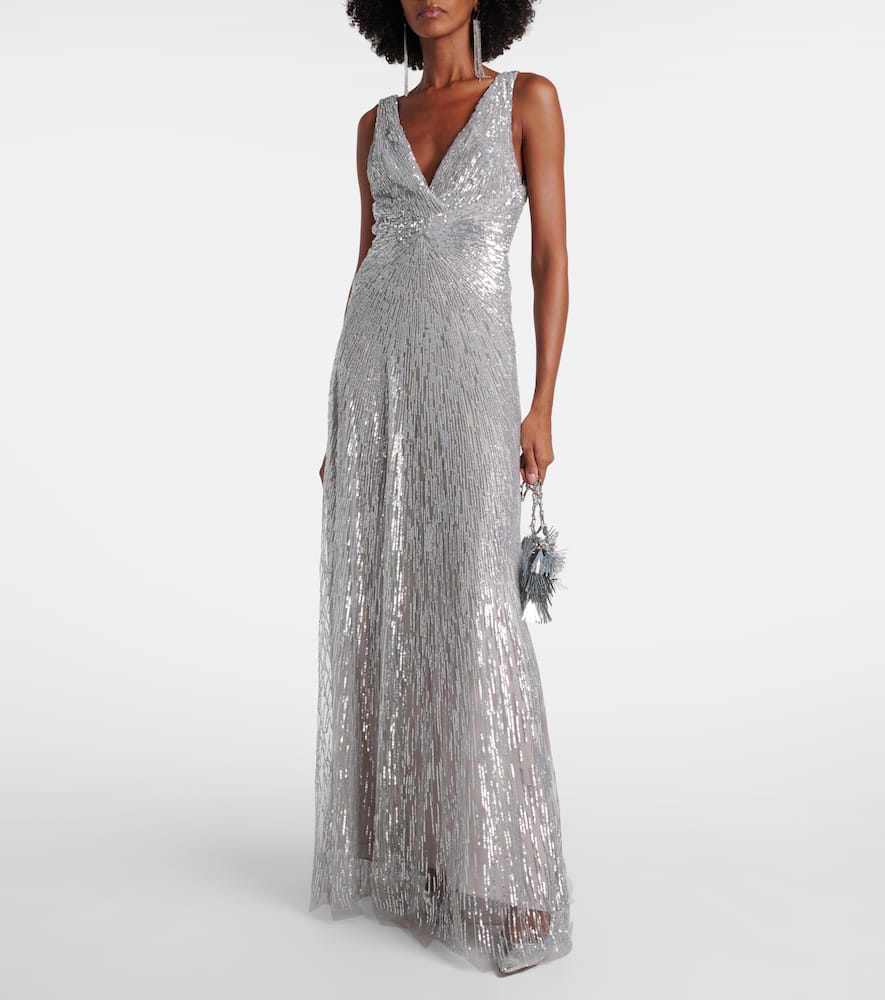 Monique Lhuillier Sequined Tulle Gown In Gray