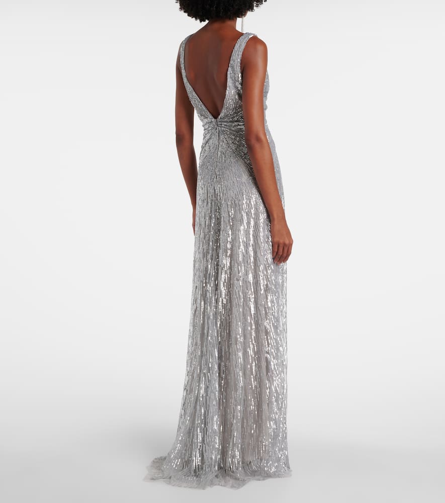Monique Lhuillier Sequined Tulle Gown In Gray