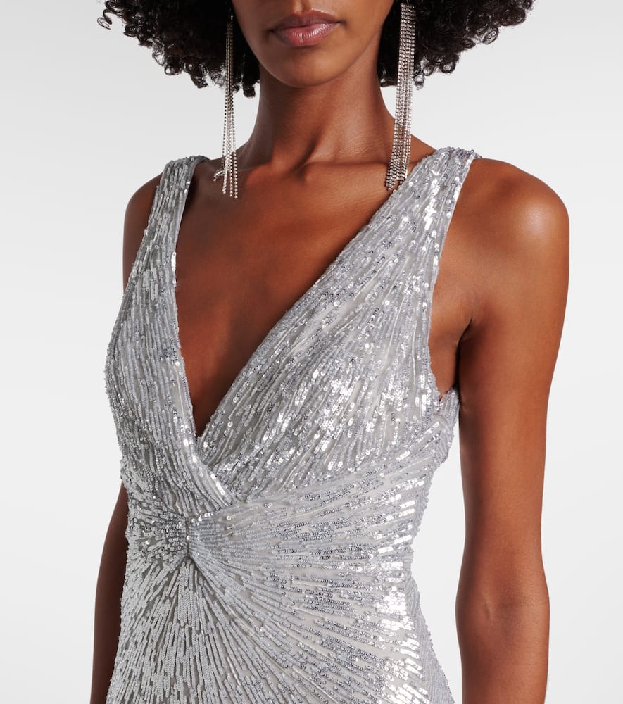 Monique Lhuillier Sequined Tulle Gown In Gray