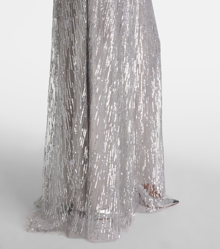 Monique Lhuillier Sequined Tulle Gown In Gray