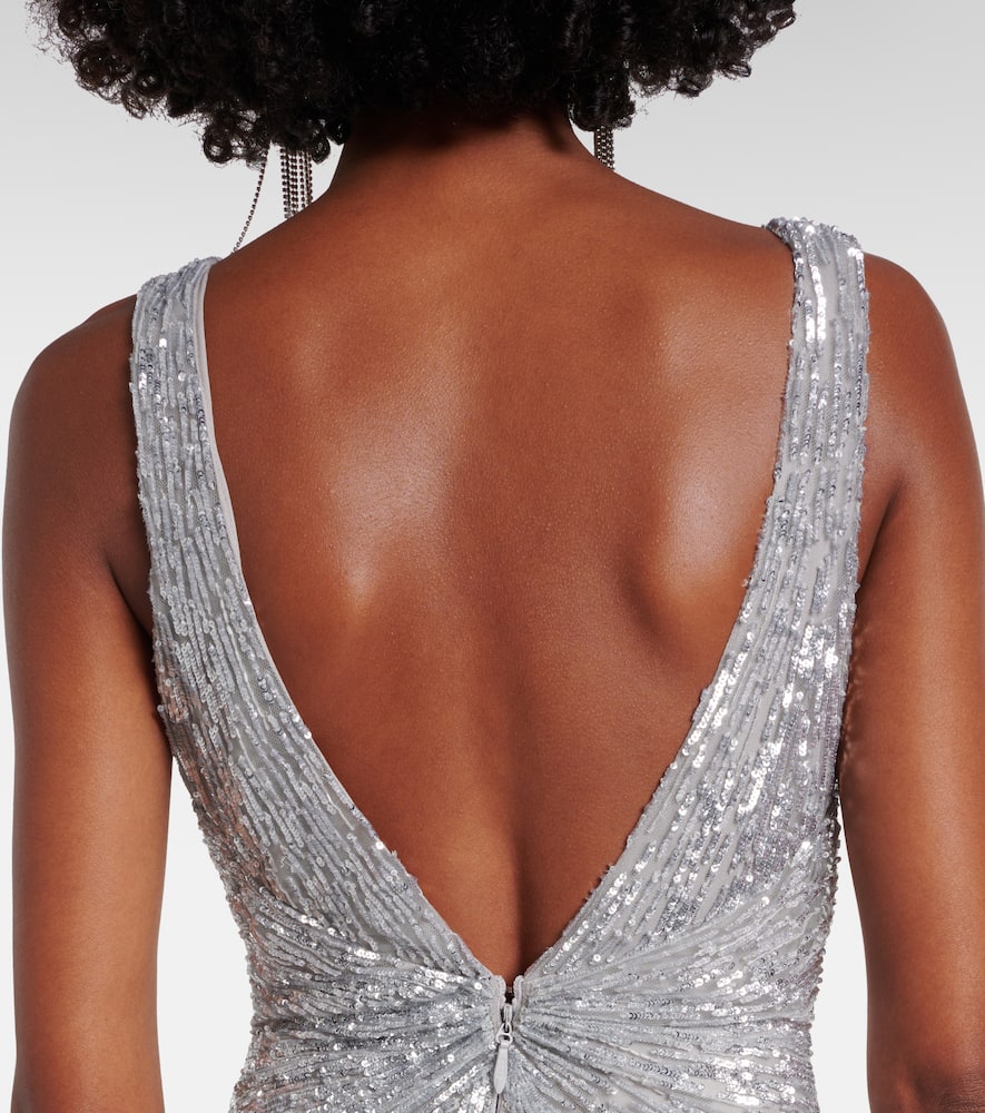 Monique Lhuillier Sequined Tulle Gown In Gray