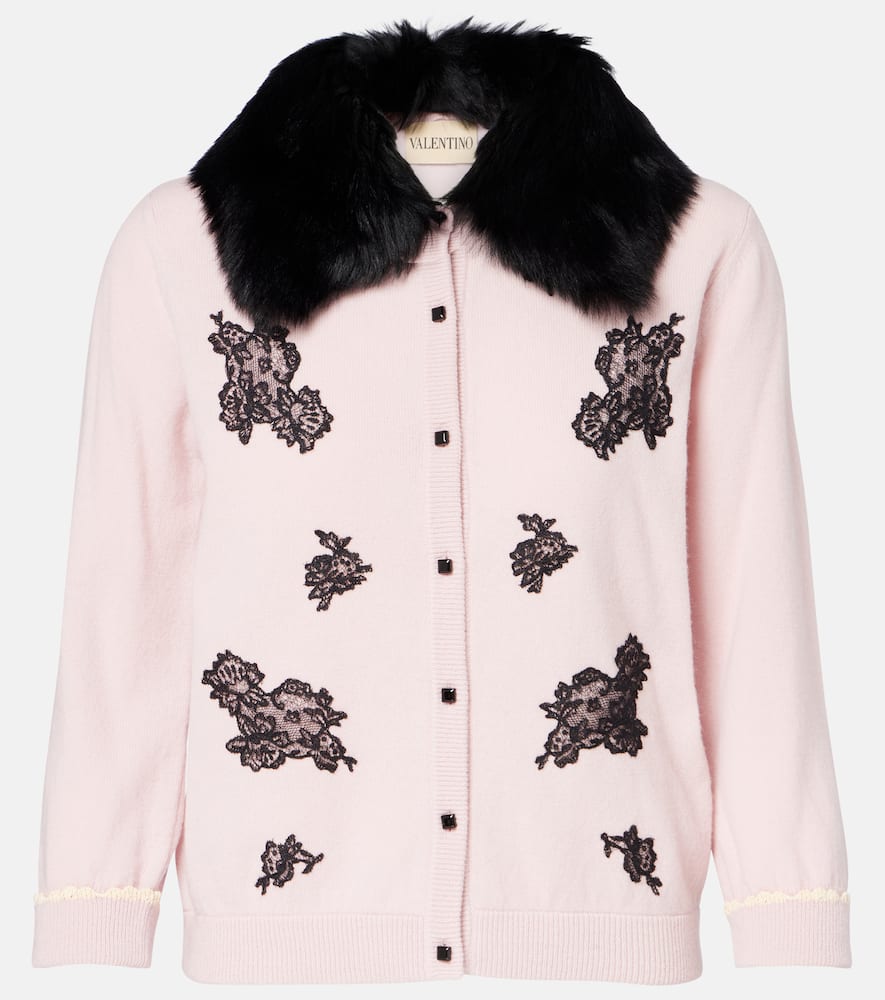 Valentino Shearling-trimmed Virgin Wool Cardigan In Pink