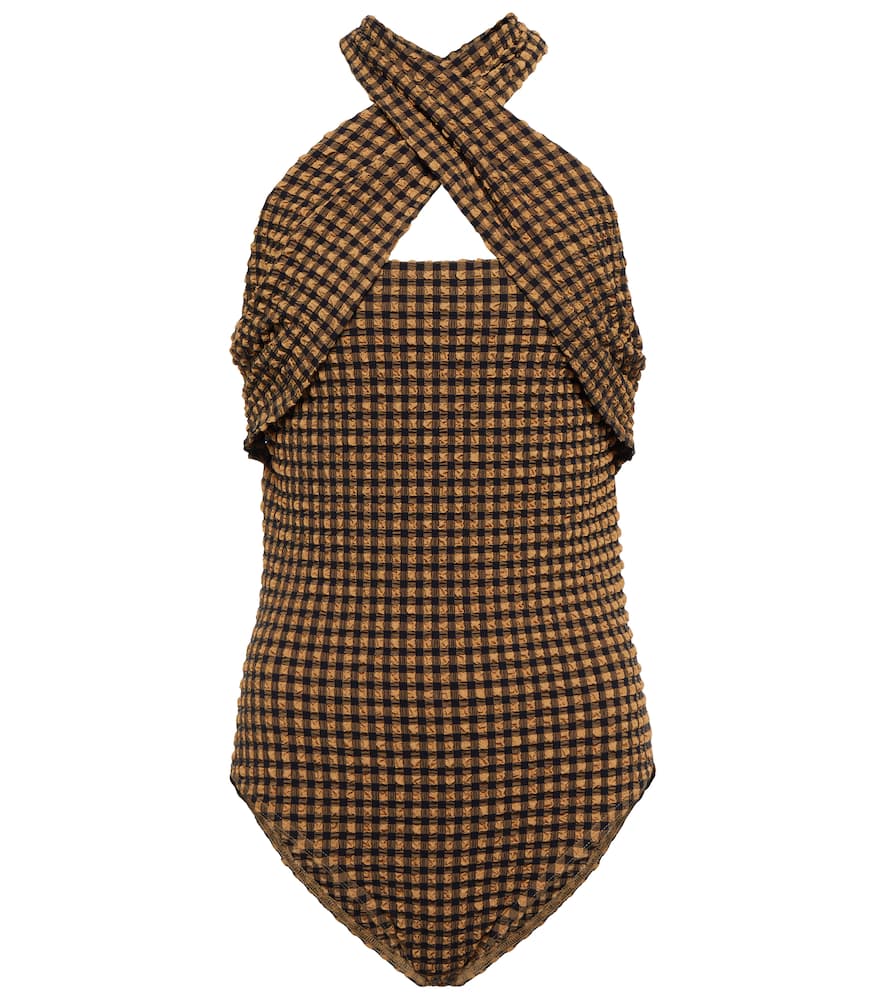 Nanushka Rana Check Seersucker Recycled Polyester Blend Bodysuit In Dark Brown/black Check