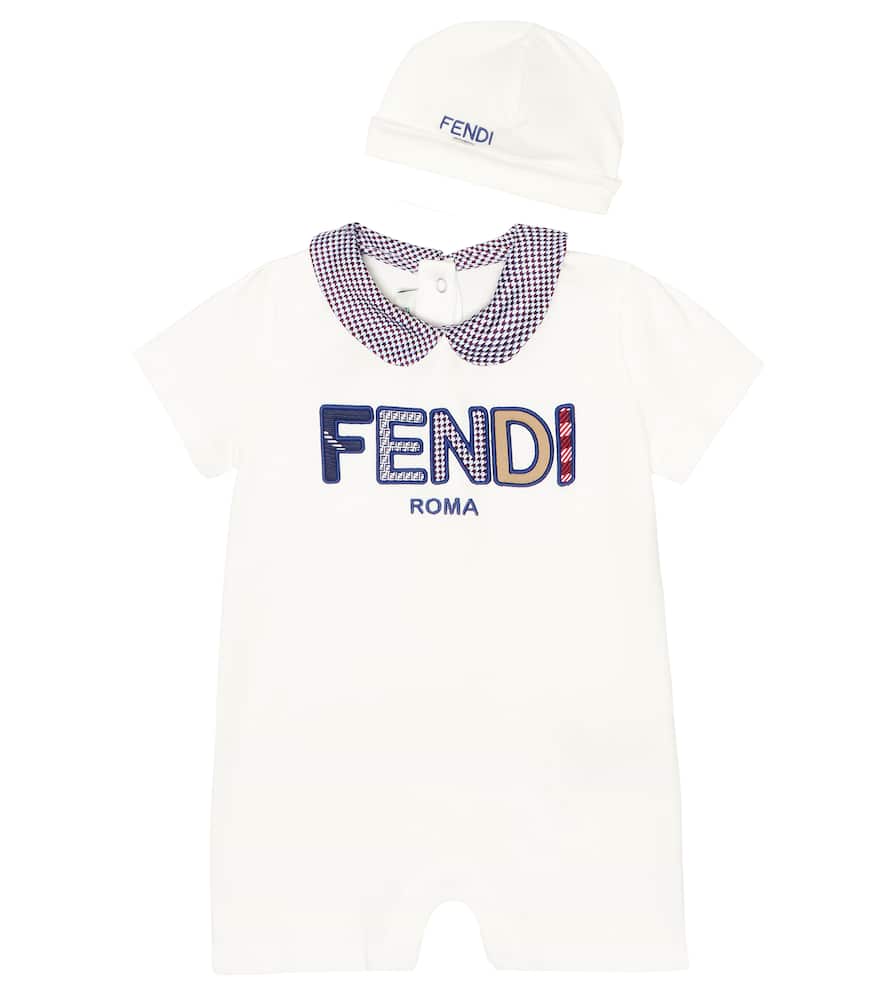 Fendi Kids Baby logo cotton playsuit and beanie set