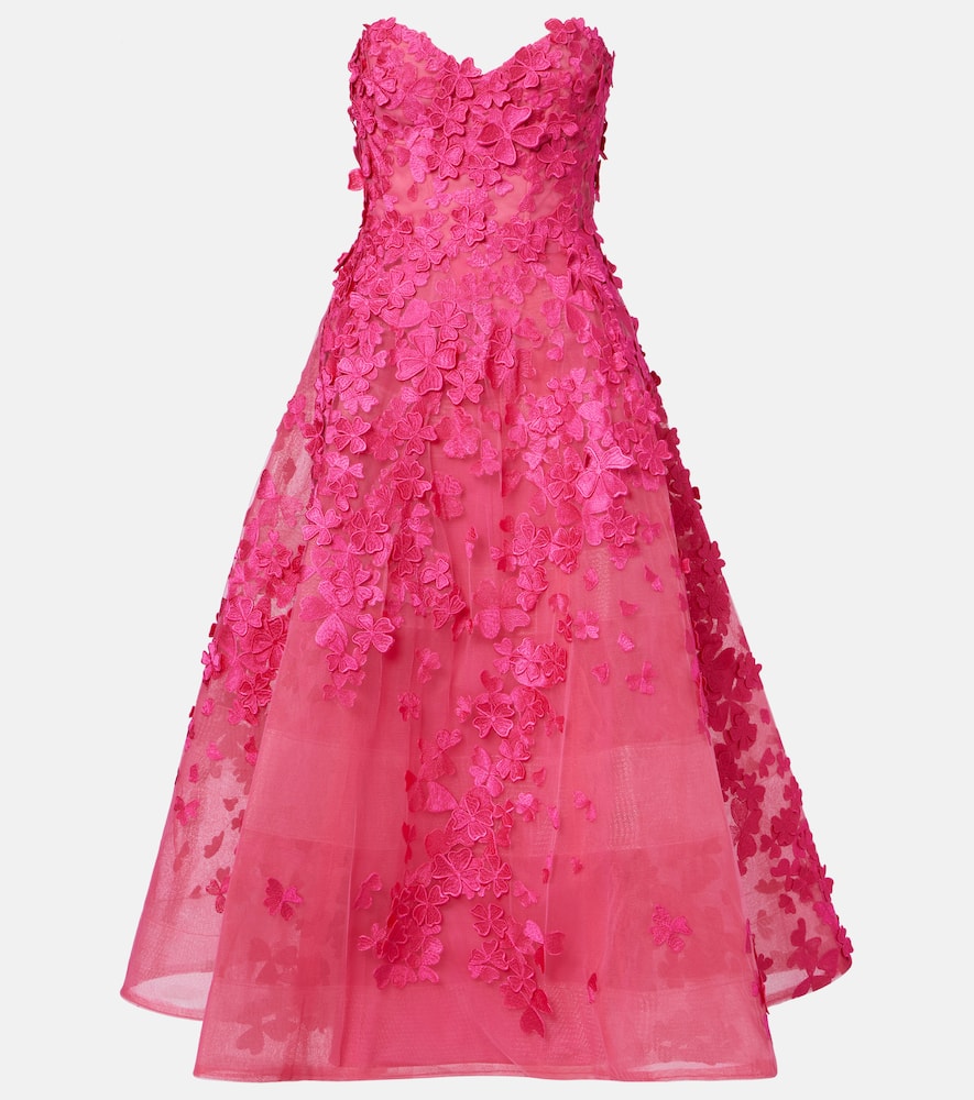 Floral-appliqué tulle midi dress