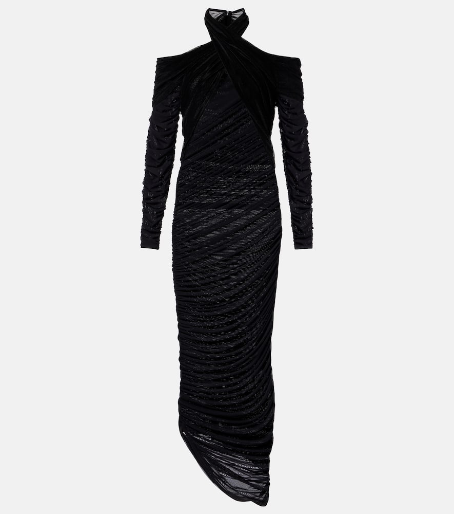 Mugler Draped Mesh And Velvet Maxi Dress In Black