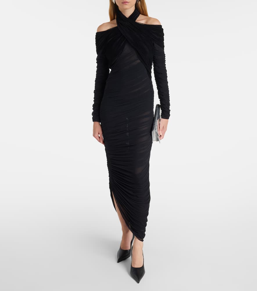 Mugler Draped Mesh And Velvet Maxi Dress In Black