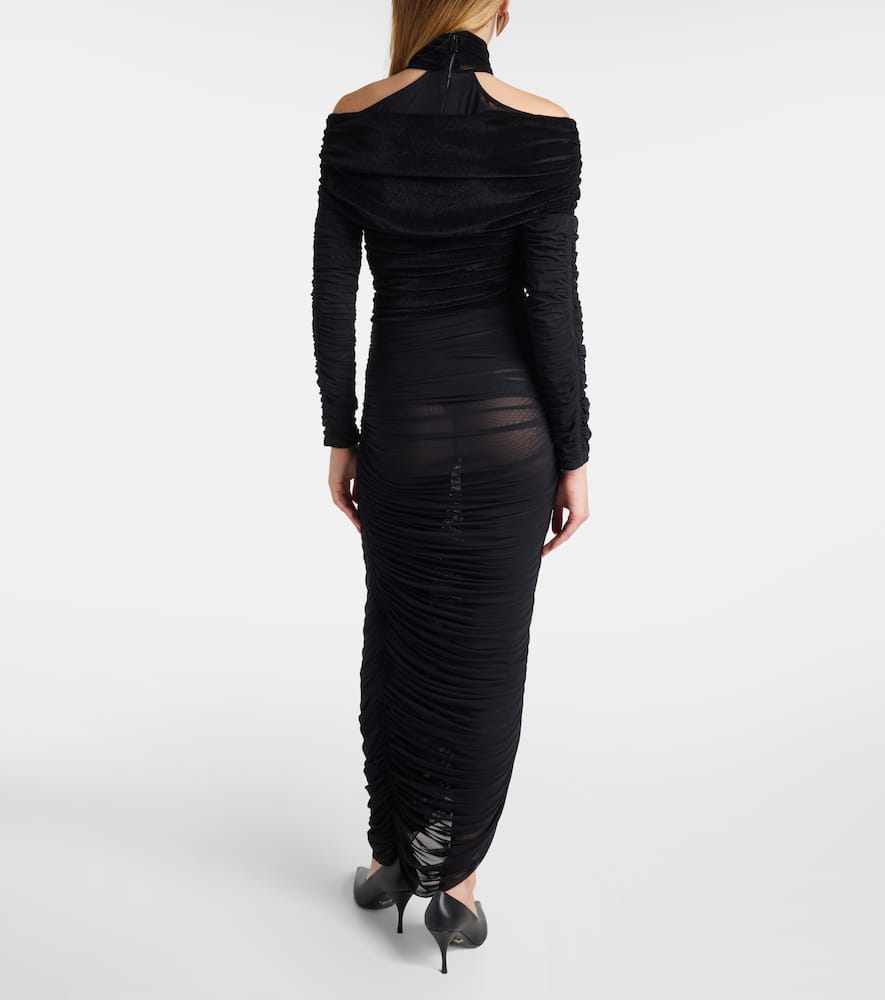Mugler Draped Mesh And Velvet Maxi Dress In Black