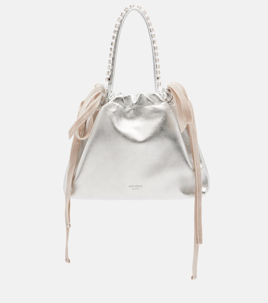 Jimmy Choo Drawstring Mini Embellished Leather Shoulder Bag In Silver