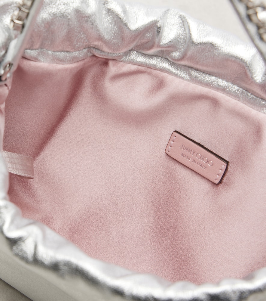 Jimmy Choo Drawstring Mini Embellished Leather Shoulder Bag In Silver