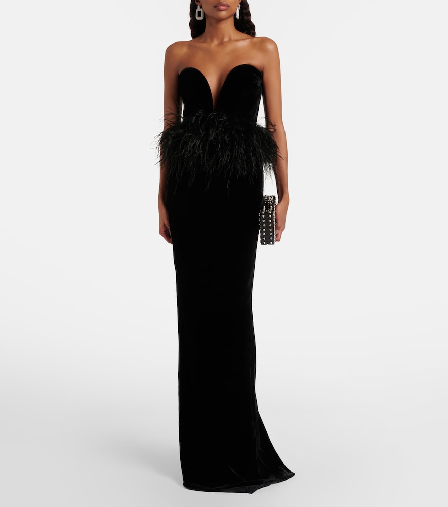 The New Arrivals Ilkyaz Ozel Feather-trimmed strapless velvet gown