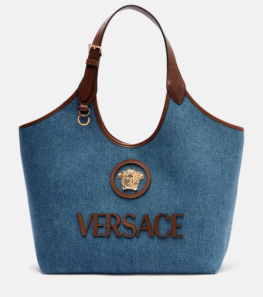 Versace La Medusa Denim Tote Bag In Blue