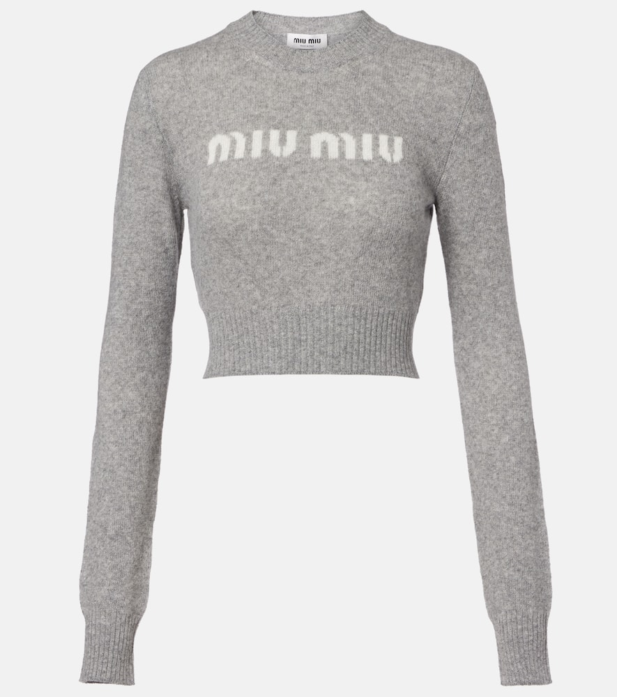 Miu Miu Logo Cropped Wool And Cashmere Sweater In Gray