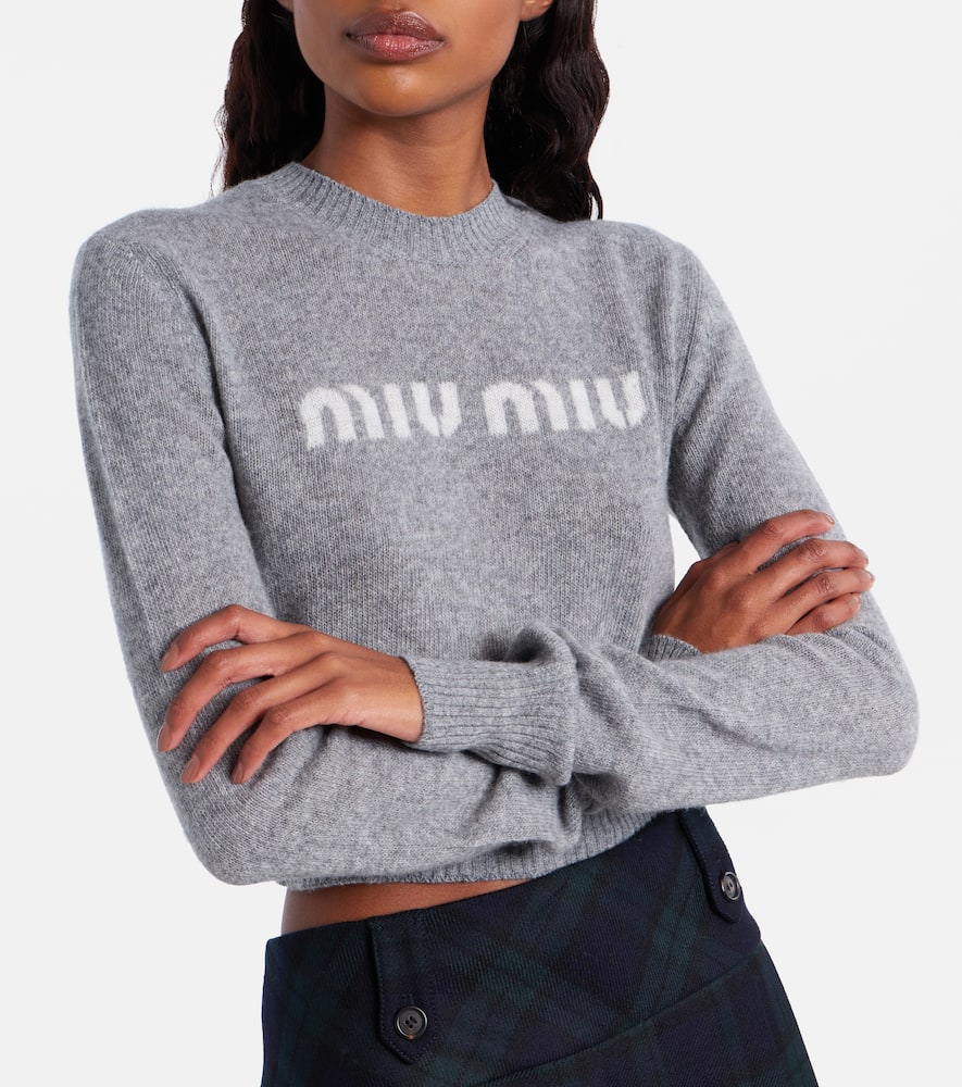 Miu Miu Logo Cropped Wool And Cashmere Sweater In Gray