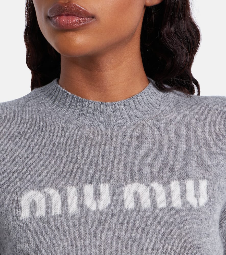 Miu Miu Logo Cropped Wool And Cashmere Sweater In Gray
