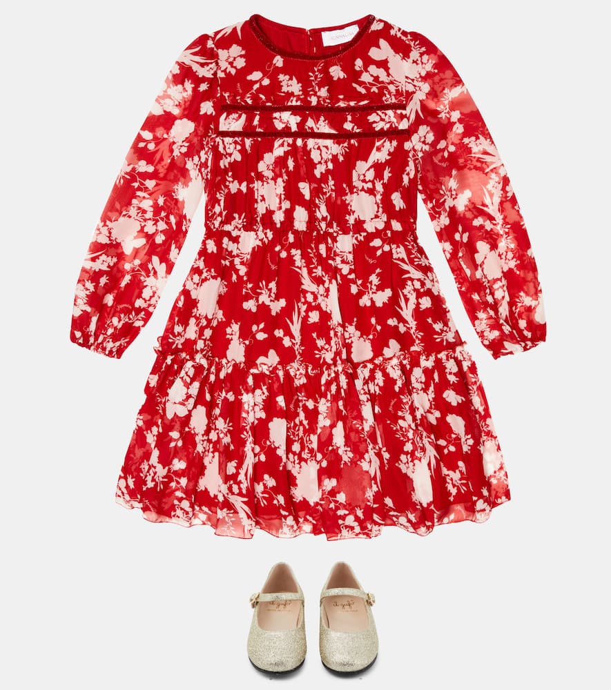 Monnalisa Floral Printed Georgette Dress In Rubino Panna