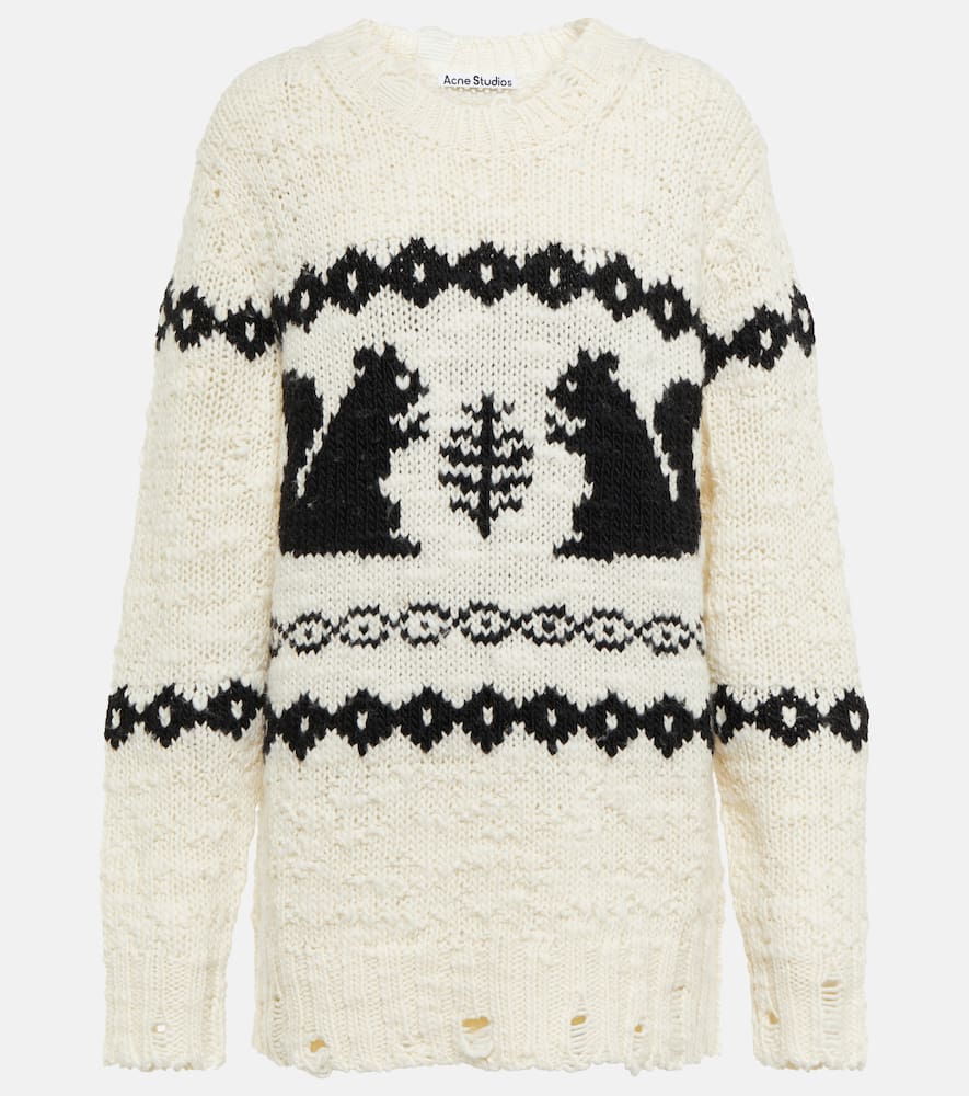 Acne Studios(Acne)◆Squirrel Jacquard Distressed/XS/ウール/BLK/FN-WN-KNIT000485 Acne Studios Squirrel Jacquard Distressed Wool Knit Crewneck