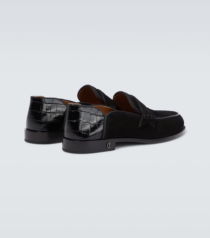 Shop Christian Louboutin Penny No Back Suede And Croc-effect Loafers In Black