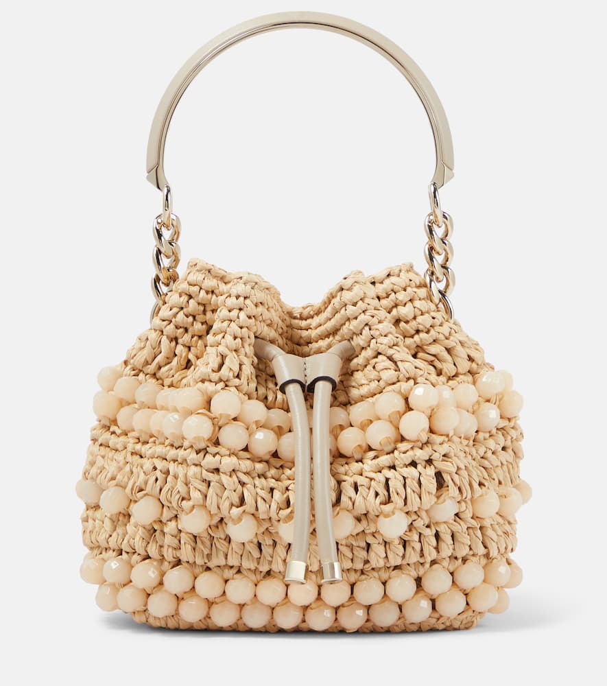 Jimmy Choo Bon Bon Beaded Raffia Bucket Bag In Natural/light Go