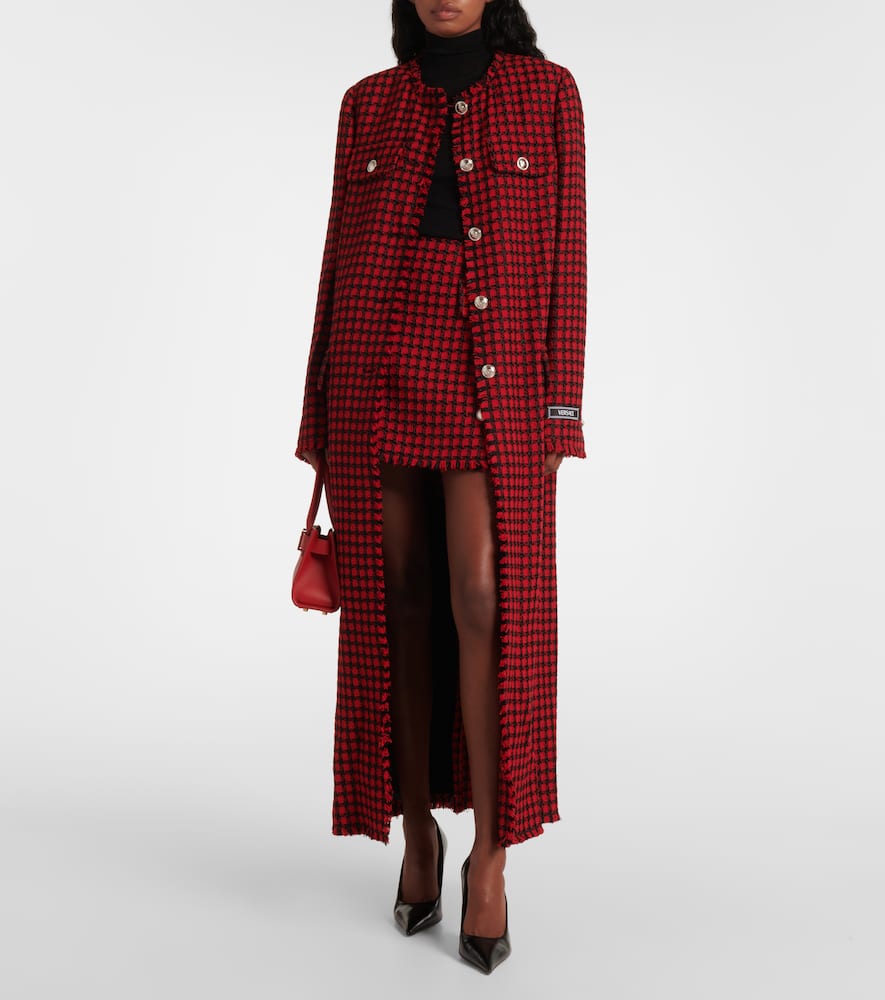 Versace Button-embellished Frayed Checked Tweed Mini Skirt In Red